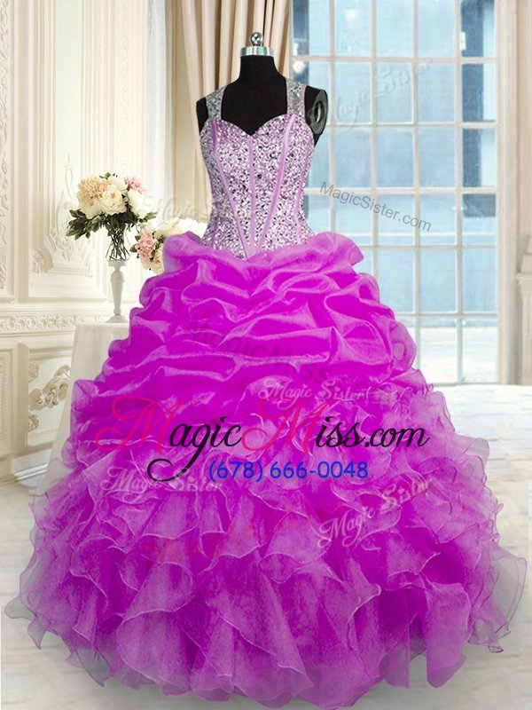 wholesale smart fuchsia organza and taffeta zipper vestidos de quinceanera sleeveless floor length beading and ruffles and pick ups