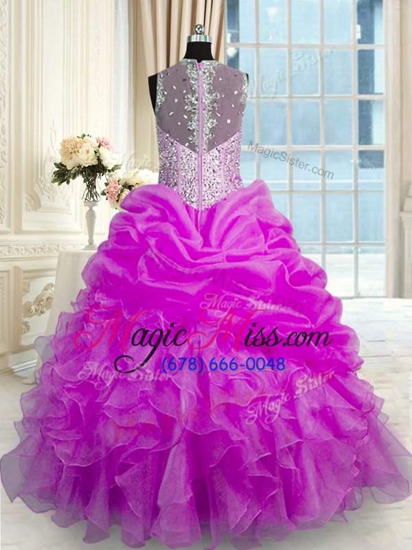 wholesale smart fuchsia organza and taffeta zipper vestidos de quinceanera sleeveless floor length beading and ruffles and pick ups