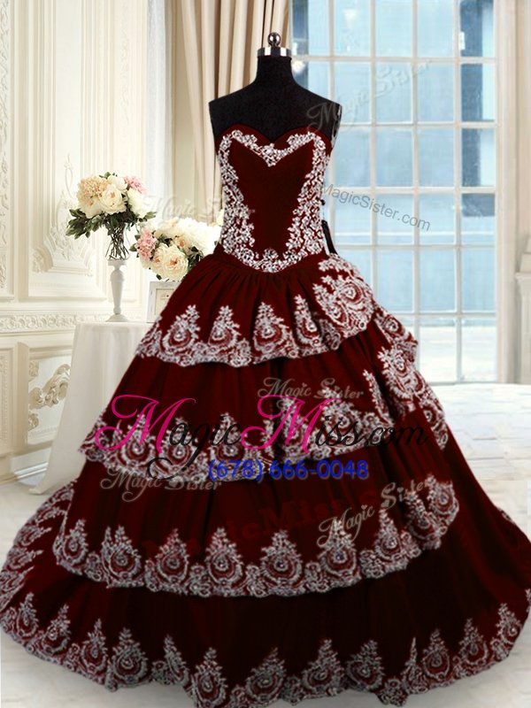 wholesale luxury beading and appliques and ruffled layers sweet 16 dresses wine red lace up sleeveless with train court train