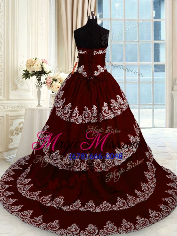 wholesale luxury beading and appliques and ruffled layers sweet 16 dresses wine red lace up sleeveless with train court train