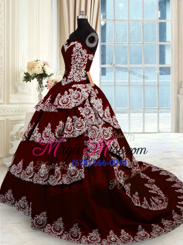 wholesale luxury beading and appliques and ruffled layers sweet 16 dresses wine red lace up sleeveless with train court train