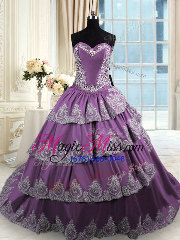 wholesale superior sleeveless with train beading and appliques and ruffled layers lace up quinceanera dresses with purple