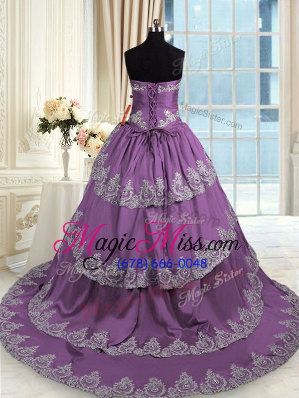 wholesale superior sleeveless with train beading and appliques and ruffled layers lace up quinceanera dresses with purple