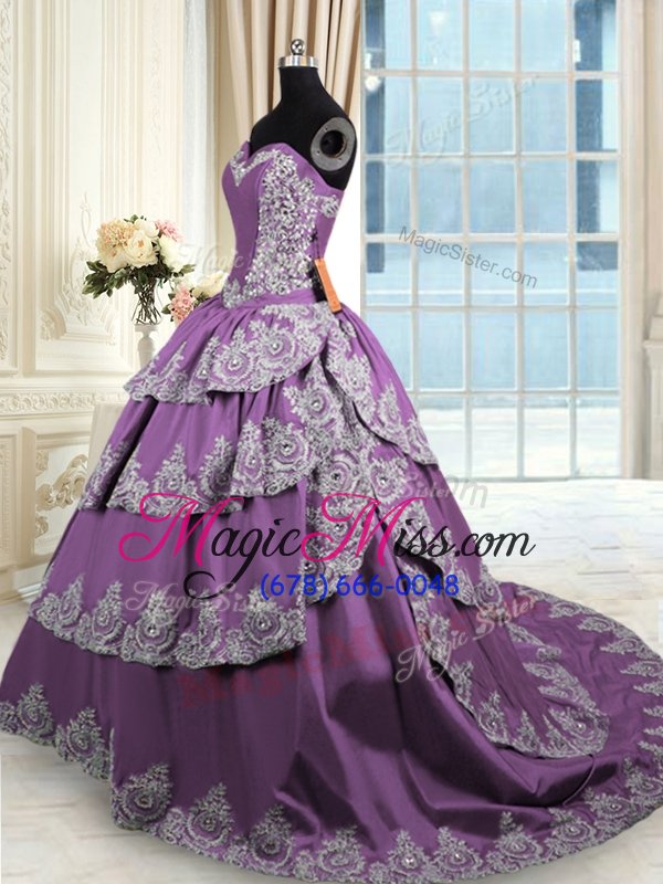 wholesale superior sleeveless with train beading and appliques and ruffled layers lace up quinceanera dresses with purple