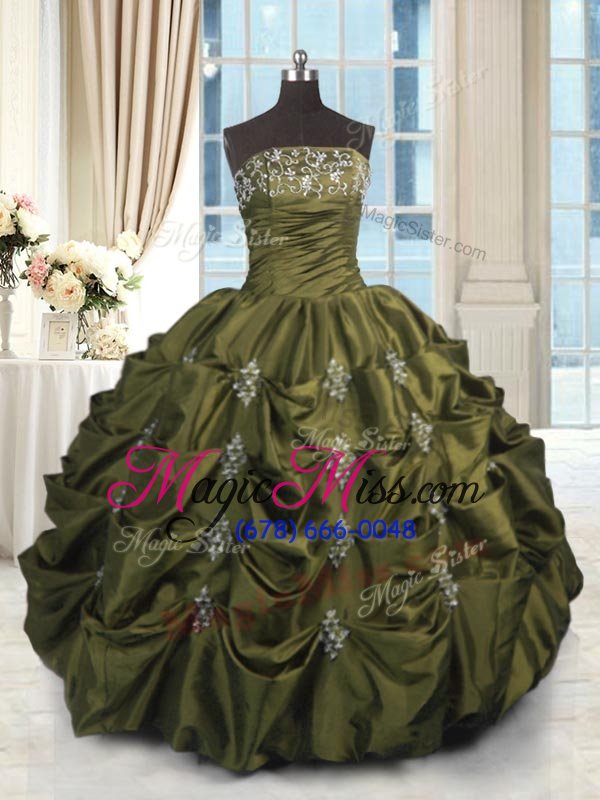 wholesale delicate olive green ball gowns taffeta strapless sleeveless beading and appliques and embroidery and pick ups floor length lace up vestidos de quinceanera