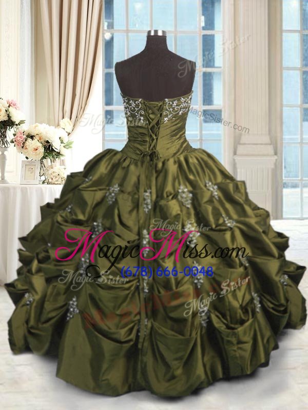 wholesale delicate olive green ball gowns taffeta strapless sleeveless beading and appliques and embroidery and pick ups floor length lace up vestidos de quinceanera