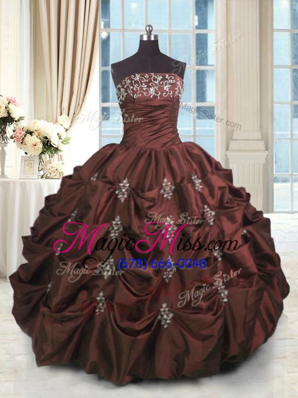 wholesale fancy burgundy ball gowns beading and appliques and embroidery and pick ups quince ball gowns lace up taffeta sleeveless floor length