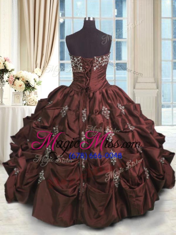 wholesale fancy burgundy ball gowns beading and appliques and embroidery and pick ups quince ball gowns lace up taffeta sleeveless floor length