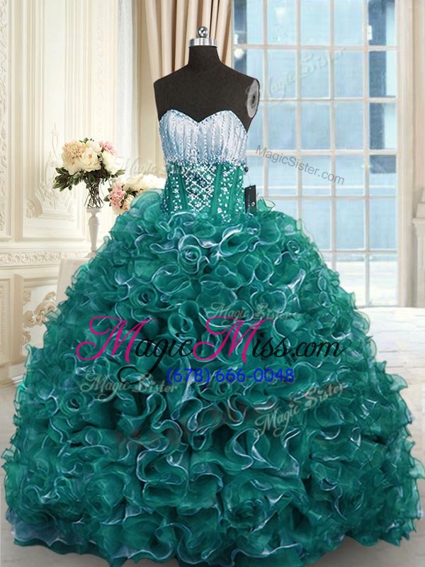 wholesale flirting turquoise organza lace up sweetheart sleeveless with train quinceanera dresses brush train beading and ruffles