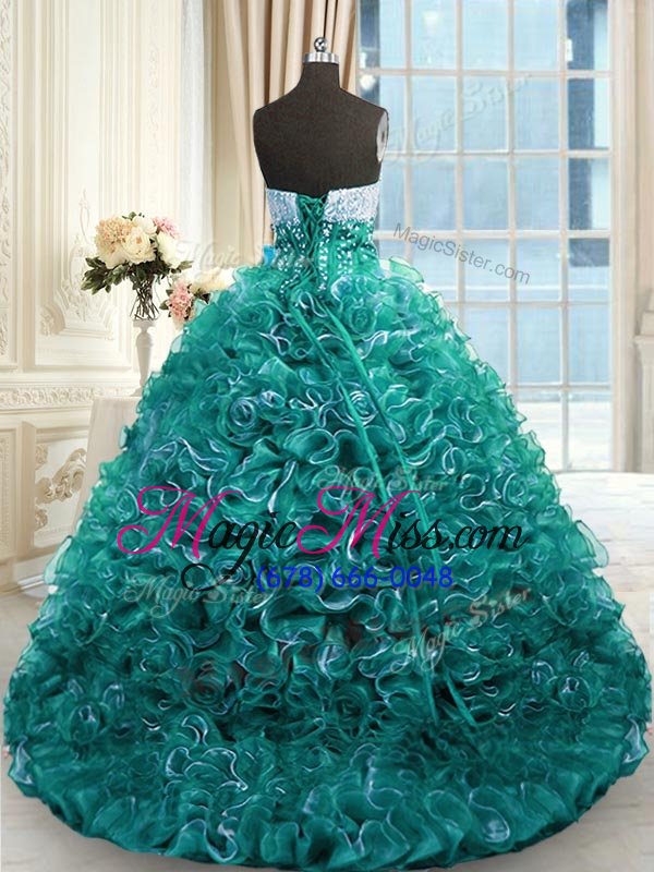 wholesale flirting turquoise organza lace up sweetheart sleeveless with train quinceanera dresses brush train beading and ruffles