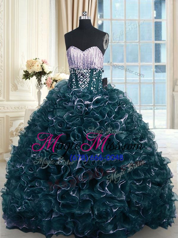 wholesale sexy sleeveless organza with brush train lace up quinceanera dresses in teal for with beading and ruffles