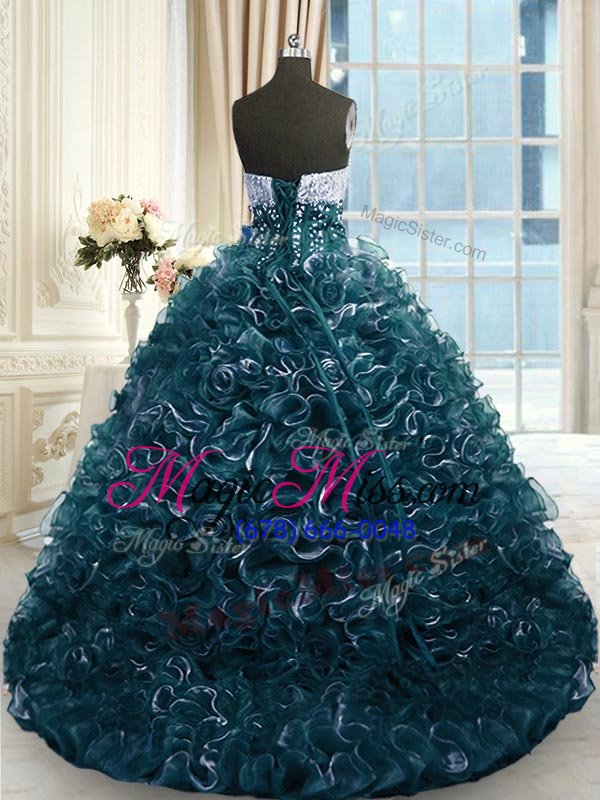 wholesale sexy sleeveless organza with brush train lace up quinceanera dresses in teal for with beading and ruffles