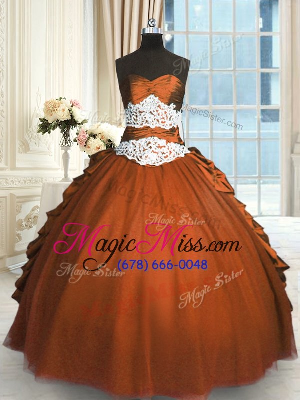 wholesale customized rust red ball gowns beading and lace and ruching and pick ups vestidos de quinceanera lace up taffeta and tulle sleeveless floor length