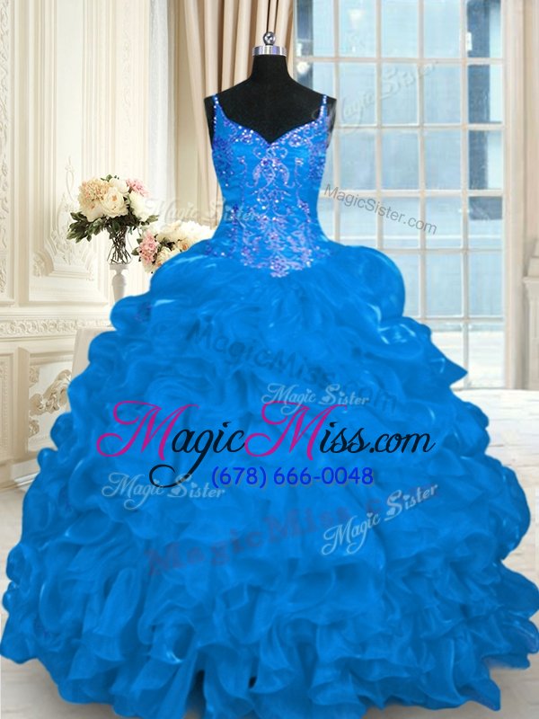 wholesale stylish blue ball gowns spaghetti straps sleeveless organza brush train lace up beading and embroidery and ruffles and pick ups quinceanera dress