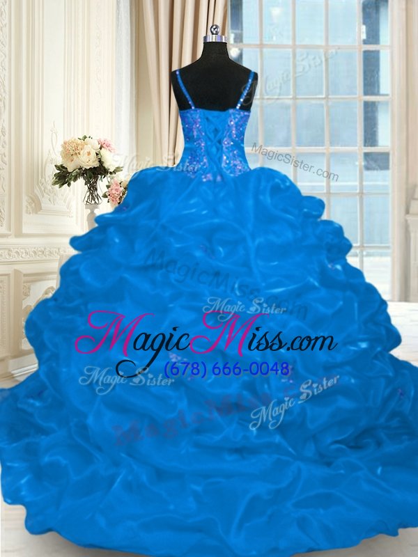 wholesale stylish blue ball gowns spaghetti straps sleeveless organza brush train lace up beading and embroidery and ruffles and pick ups quinceanera dress