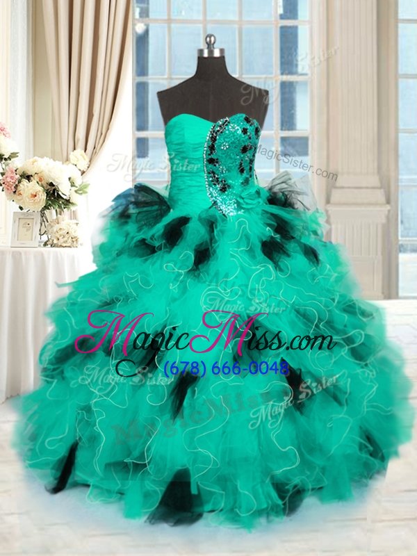 wholesale shining turquoise ball gowns beading and ruffles 15th birthday dress lace up tulle sleeveless floor length