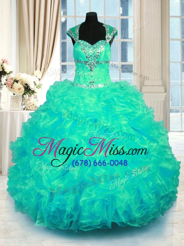 wholesale high class cap sleeves organza floor length lace up sweet 16 dresses in turquoise for with beading and ruffles