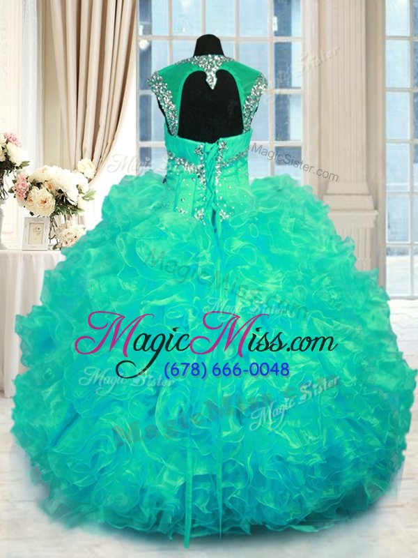 wholesale high class cap sleeves organza floor length lace up sweet 16 dresses in turquoise for with beading and ruffles