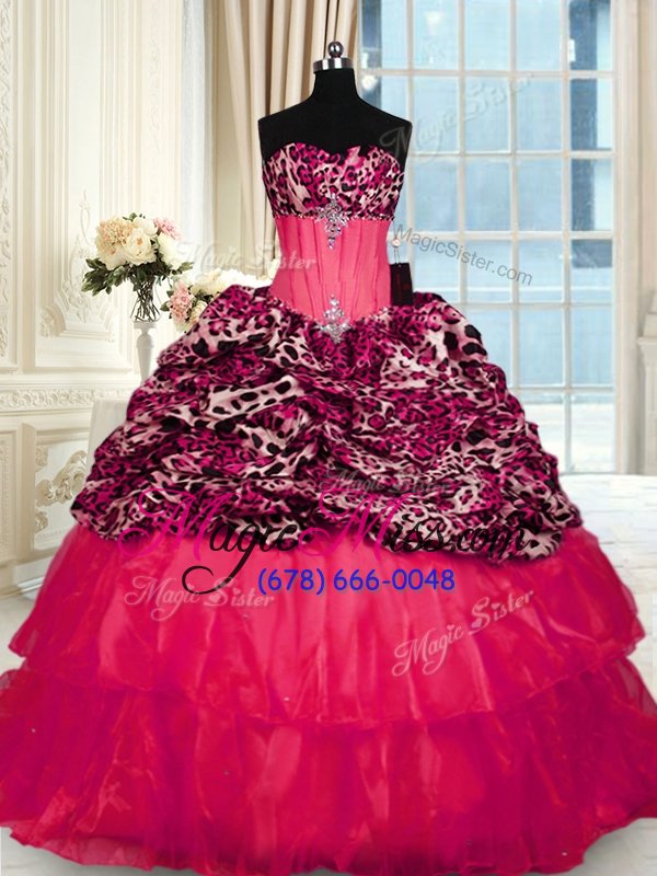 wholesale beautiful printed ruffled ball gowns sleeveless red quinceanera gown sweep train lace up