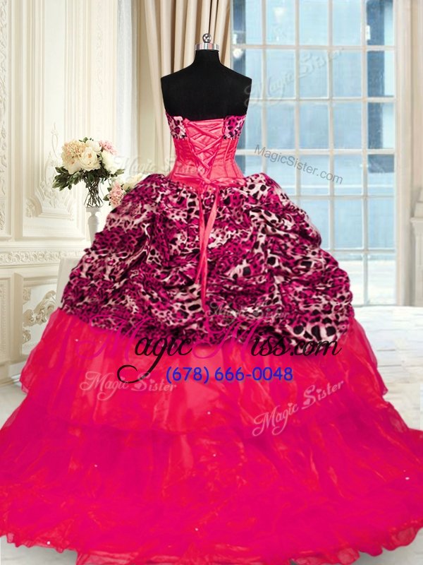 wholesale beautiful printed ruffled ball gowns sleeveless red quinceanera gown sweep train lace up