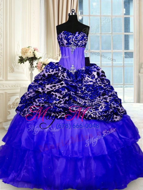 wholesale fantastic royal blue ball gowns organza and printed sweetheart sleeveless beading and ruffled layers and sequins lace up sweet 16 quinceanera dress sweep train