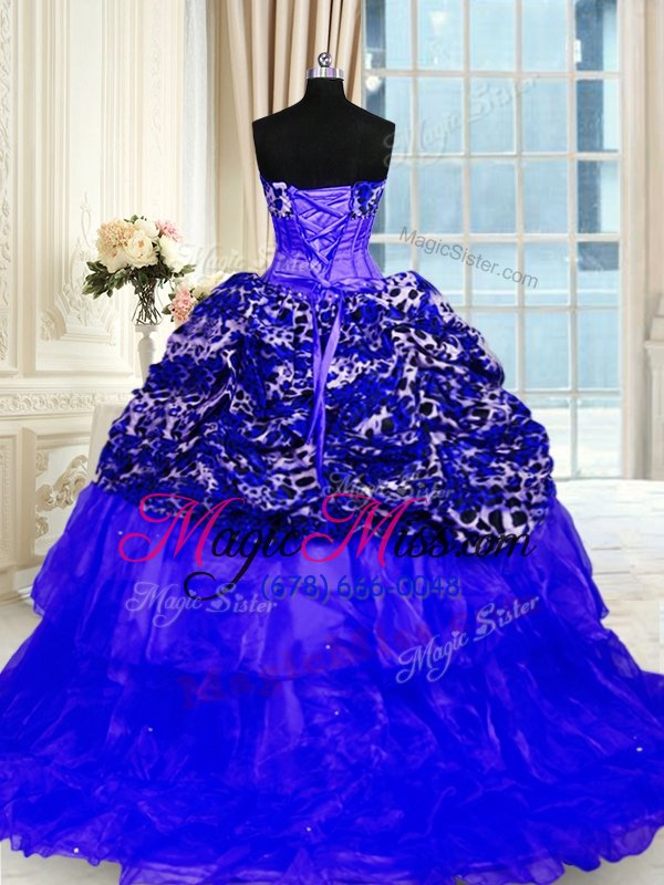 wholesale fantastic royal blue ball gowns organza and printed sweetheart sleeveless beading and ruffled layers and sequins lace up sweet 16 quinceanera dress sweep train