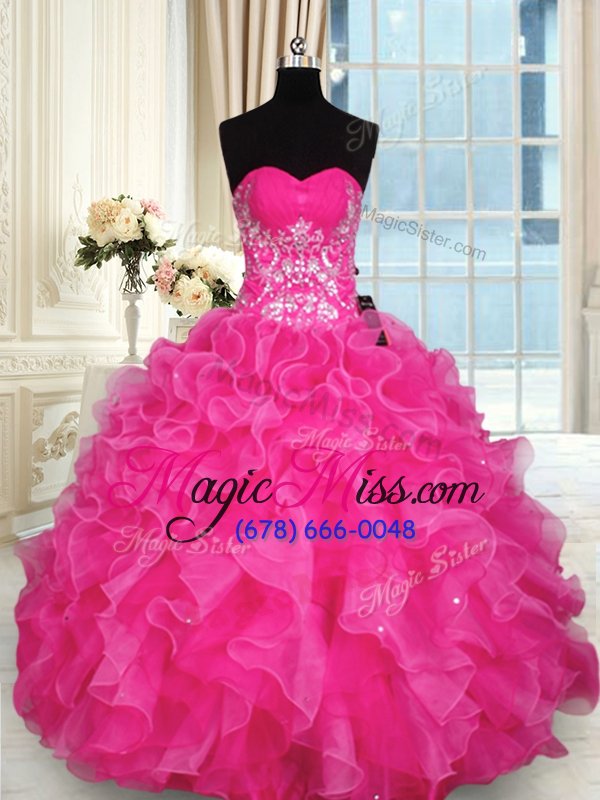 wholesale pretty hot pink sleeveless floor length beading and appliques and ruffles lace up quince ball gowns