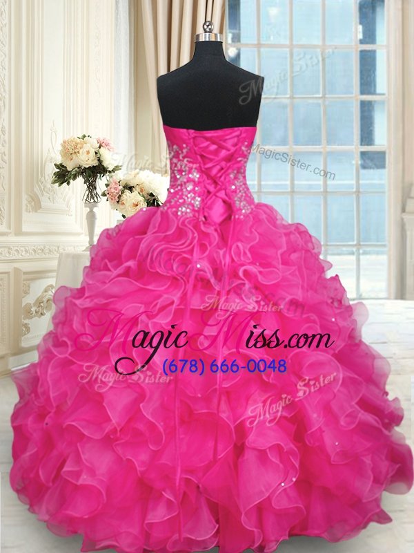 wholesale pretty hot pink sleeveless floor length beading and appliques and ruffles lace up quince ball gowns