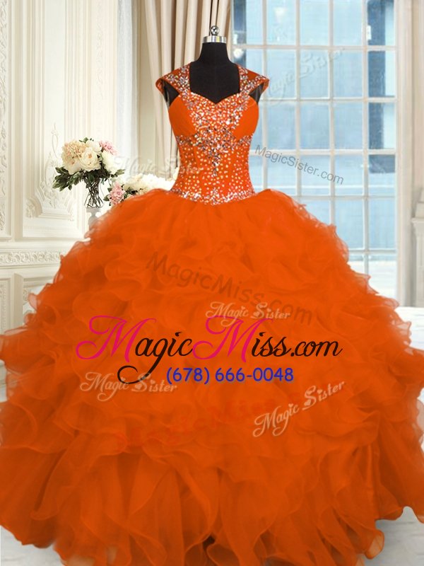 wholesale comfortable straps cap sleeves quince ball gowns floor length beading and ruffles orange organza