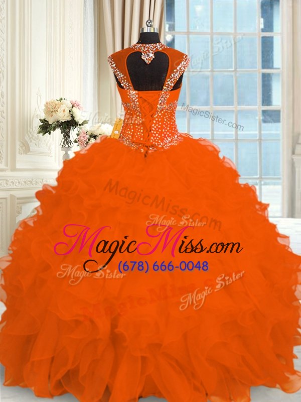 wholesale comfortable straps cap sleeves quince ball gowns floor length beading and ruffles orange organza