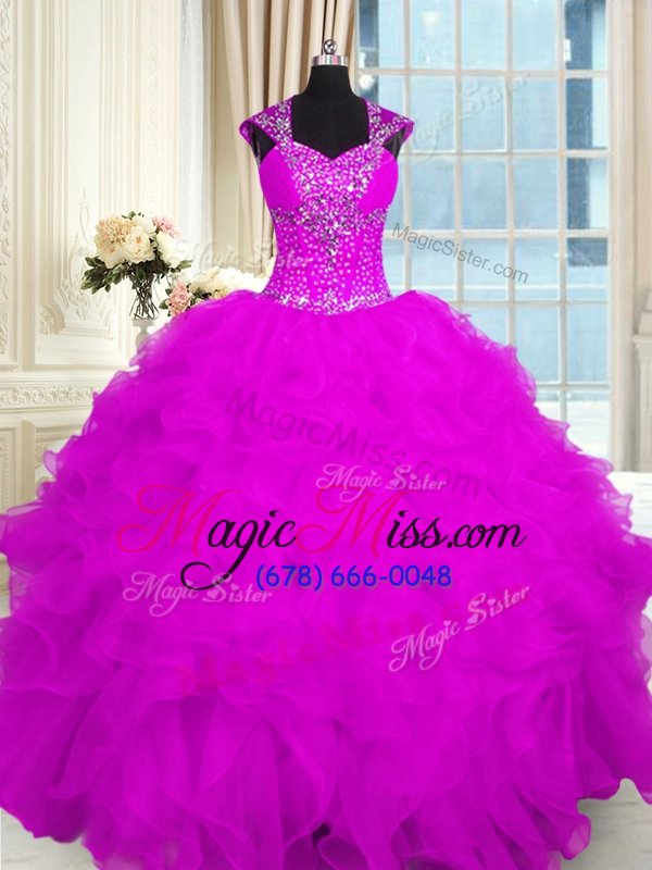 wholesale colorful fuchsia cap sleeves organza lace up sweet 16 dress for military ball and sweet 16 and quinceanera