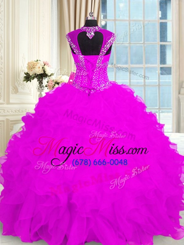 wholesale colorful fuchsia cap sleeves organza lace up sweet 16 dress for military ball and sweet 16 and quinceanera