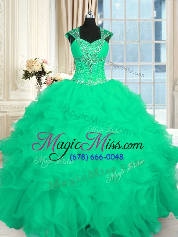 wholesale cute turquoise organza lace up quinceanera dress cap sleeves floor length beading and ruffles and pattern