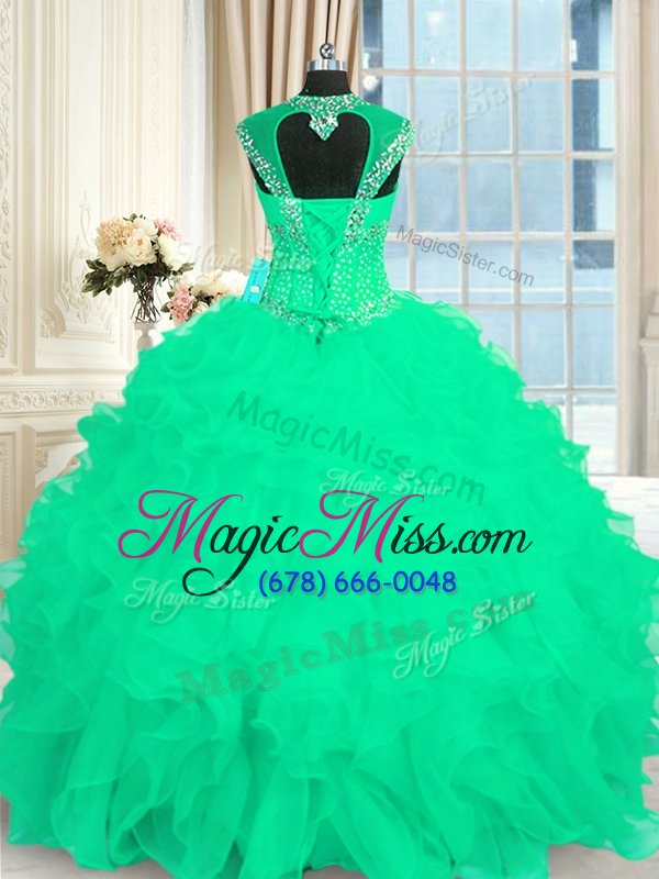 wholesale cute turquoise organza lace up quinceanera dress cap sleeves floor length beading and ruffles and pattern