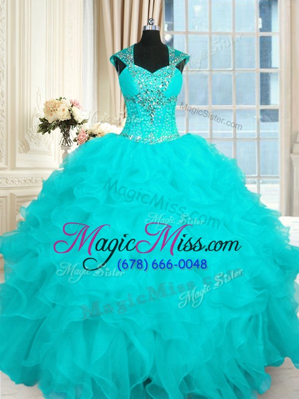 wholesale hot selling floor length lace up ball gown prom dress aqua blue and in for military ball and sweet 16 and quinceanera with beading and ruffles