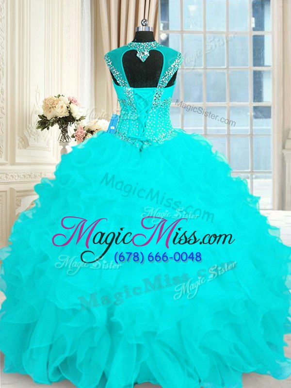 wholesale hot selling floor length lace up ball gown prom dress aqua blue and in for military ball and sweet 16 and quinceanera with beading and ruffles