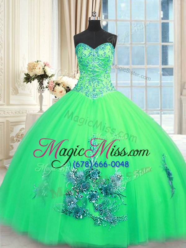 wholesale sumptuous turquoise tulle lace up sweetheart sleeveless floor length sweet 16 dress beading and appliques and embroidery