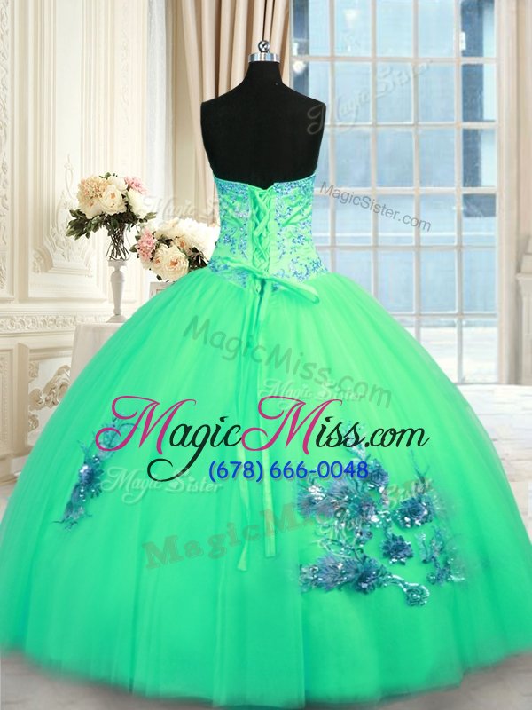 wholesale sumptuous turquoise tulle lace up sweetheart sleeveless floor length sweet 16 dress beading and appliques and embroidery