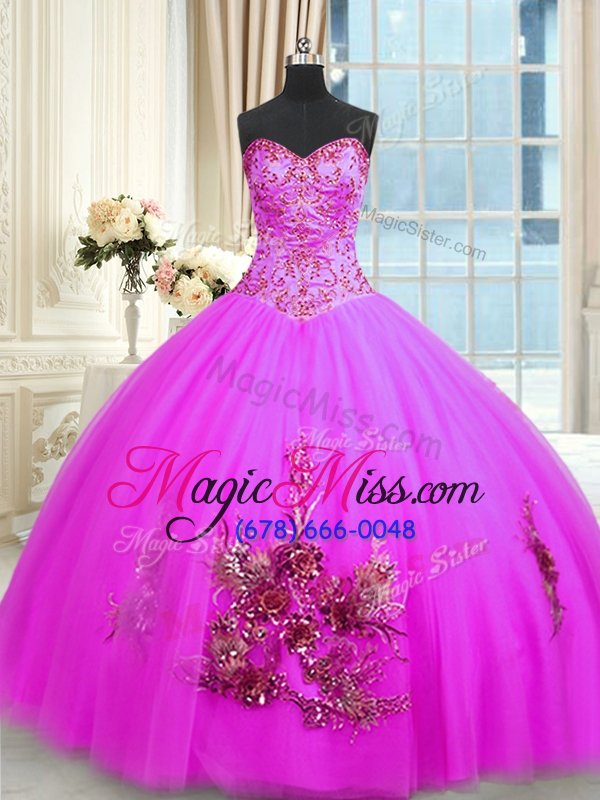 wholesale fantastic fuchsia ball gowns tulle sweetheart sleeveless beading and appliques and embroidery floor length lace up sweet 16 dresses