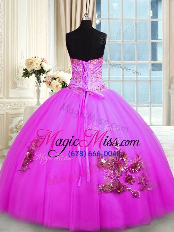 wholesale fantastic fuchsia ball gowns tulle sweetheart sleeveless beading and appliques and embroidery floor length lace up sweet 16 dresses