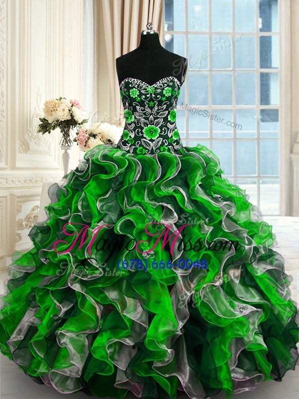 wholesale artistic multi-color organza lace up sweetheart sleeveless floor length quinceanera dress beading and ruffles