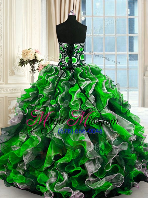 wholesale artistic multi-color organza lace up sweetheart sleeveless floor length quinceanera dress beading and ruffles