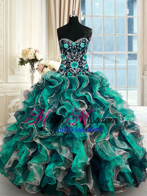 wholesale decent multi-color organza lace up quinceanera gown sleeveless floor length appliques