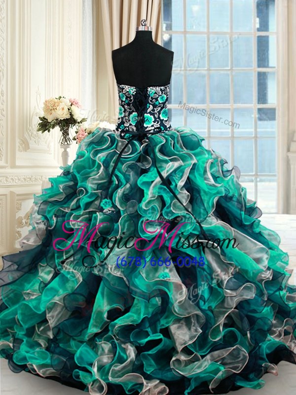 wholesale decent multi-color organza lace up quinceanera gown sleeveless floor length appliques