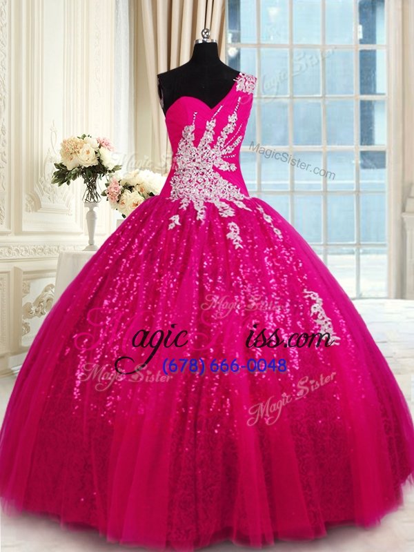 wholesale custom made one shoulder sleeveless floor length appliques lace up quince ball gowns with hot pink