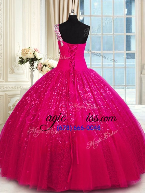 wholesale custom made one shoulder sleeveless floor length appliques lace up quince ball gowns with hot pink