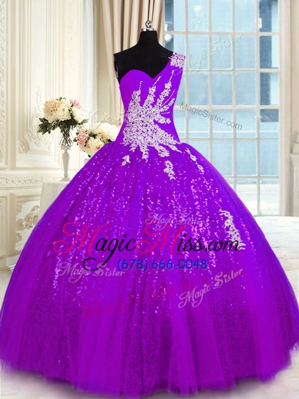 wholesale colorful one shoulder purple sleeveless tulle and sequined lace up quince ball gowns for military ball and sweet 16 and quinceanera