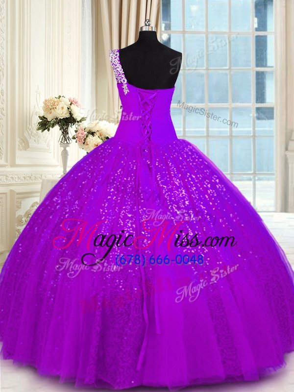 wholesale colorful one shoulder purple sleeveless tulle and sequined lace up quince ball gowns for military ball and sweet 16 and quinceanera