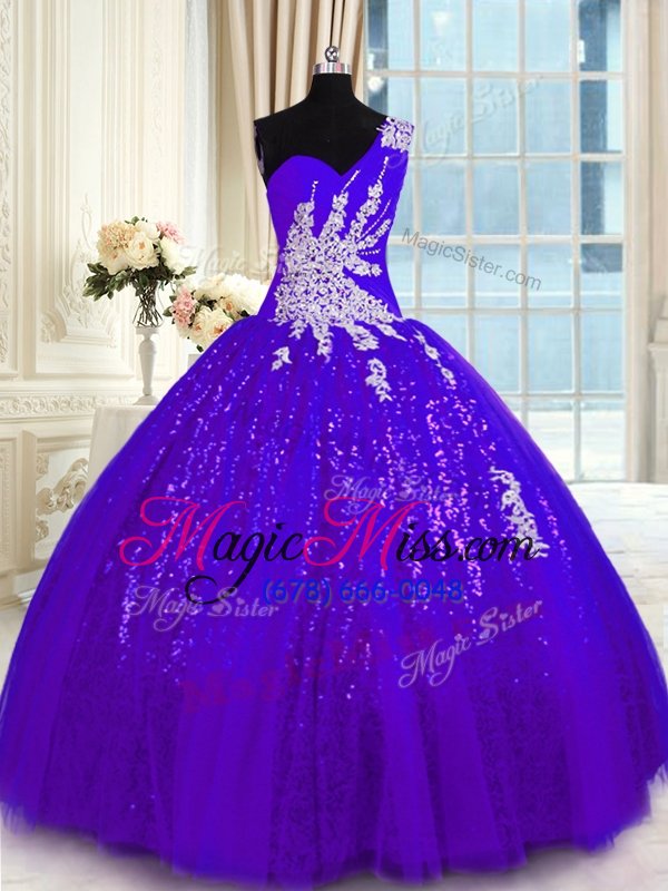 wholesale fashionable tulle and sequined one shoulder sleeveless lace up appliques quince ball gowns in purple