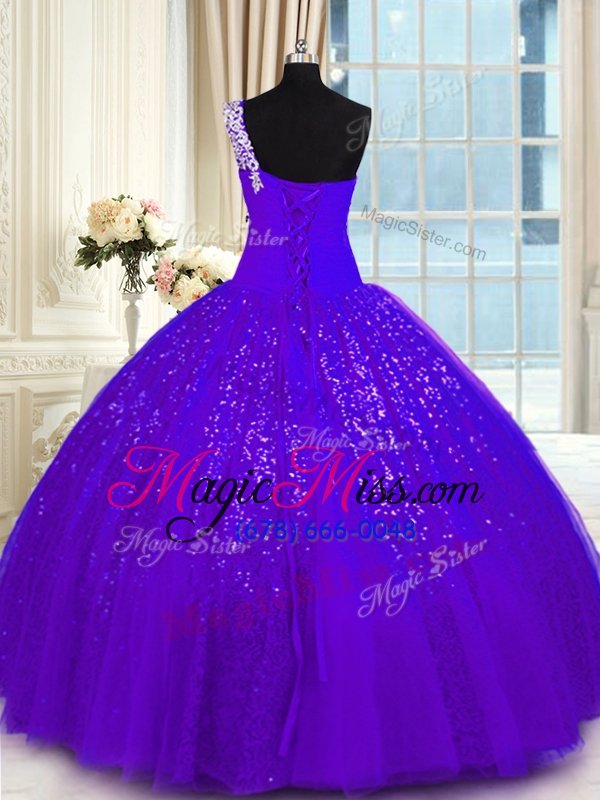 wholesale fashionable tulle and sequined one shoulder sleeveless lace up appliques quince ball gowns in purple